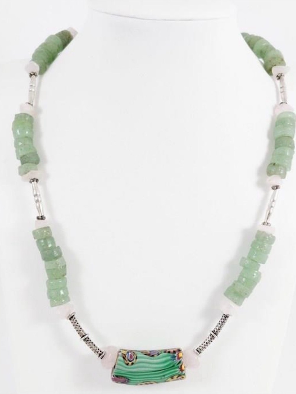 Green Bead & Silver Accent Women's Necklace